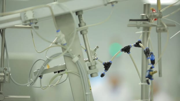 Ophthalmic equipment. Medical laboratory. medical equipment. Gas mixer. Stylized video. complex of medical equipment at work. tubes. Selective focus. Science and medicine HD