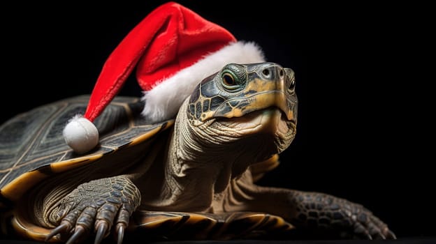 Turtle wearing a Santa hat for Christmas on a black background at home, celebrating the holiday, pets and pets as a gift for the New Year, High quality photo