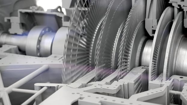 Close up of balancing steam turbine spinning rotor. Media. Industrial background with spinning fast mechanism
