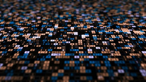 Background of many numbers. Animation. Coding of digital space with changing numbers vertically. Matrix multi-colored digital space.
