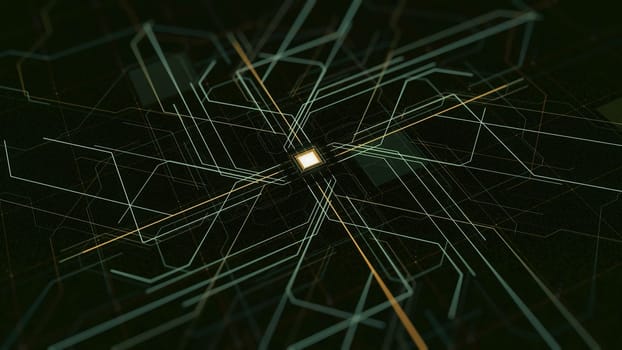 Artificial Intelligence, computer technology concept. Abstracct button that appears on black digital screen and spreading signals.
