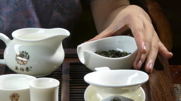 Close-up table for the tea ceremony utensils and bamboo. Chinese tea ceremony. Japanese tea ceremony 4K