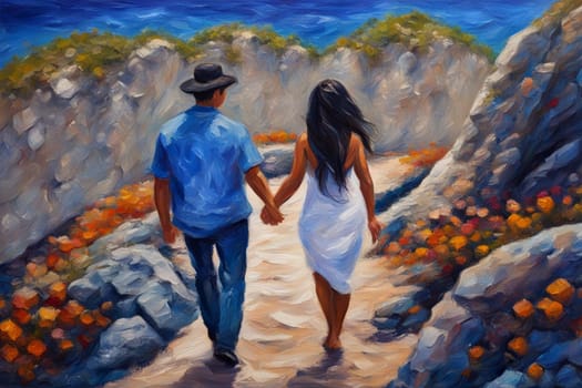 heterosexual couple walking by hand in the beach, romantic valentine painting illustrationgenerative ai art