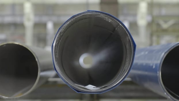 New industrial metal sewer pipes front view, close up. Pipe front view.