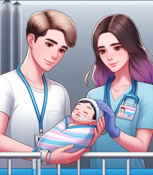 illustration depicting medical staff people at the hospital take care of newborn baby ai generated