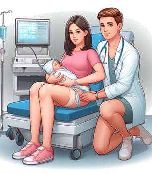 illustration depicting medical staff people at the hospital take care of newborn baby ai generated