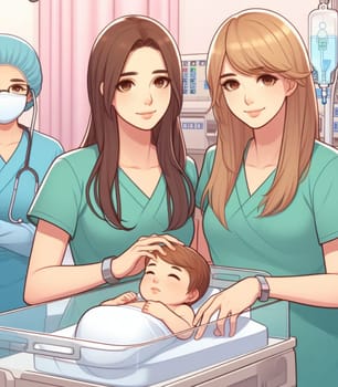 illustration depicting medical staff people at the hospital take care of newborn baby ai generated