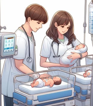 illustration depicting medical staff people at the hospital take care of newborn baby ai generated