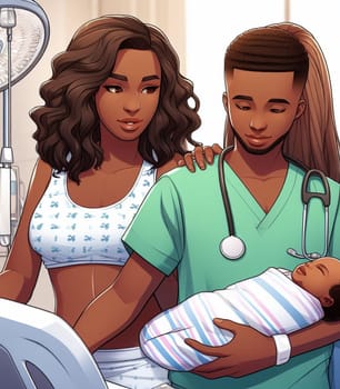 illustration depicting medical staff people at the hospital take care of newborn baby ai generated