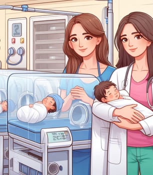 illustration depicting medical staff people at the hospital take care of newborn baby ai generated