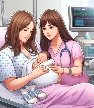 illustration depicting medical staff people at the hospital take care of newborn baby ai generated