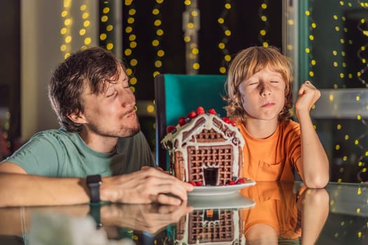 Savor unique moments as dad and son bite into an unconventional gingerbread house, adding a twist to Christmas traditions. A tasty blend of creativity and family joy.