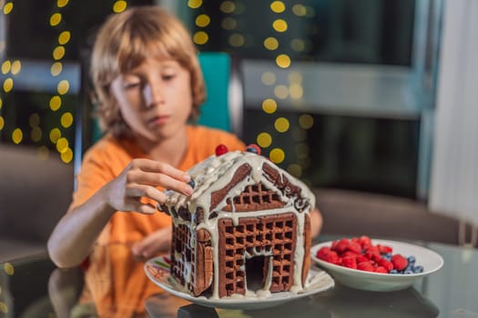 Immerse in festive delight as a boy crafts boy crafting an unconventional gingerbread house, infusing Christmas with unique creativity and festive cheer. A sweet scene of seasonal bonding and culinary fun.