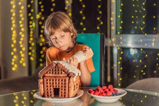 Immerse in festive delight as a boy crafts boy crafting an unconventional gingerbread house, infusing Christmas with unique creativity and festive cheer. A sweet scene of seasonal bonding and culinary fun.