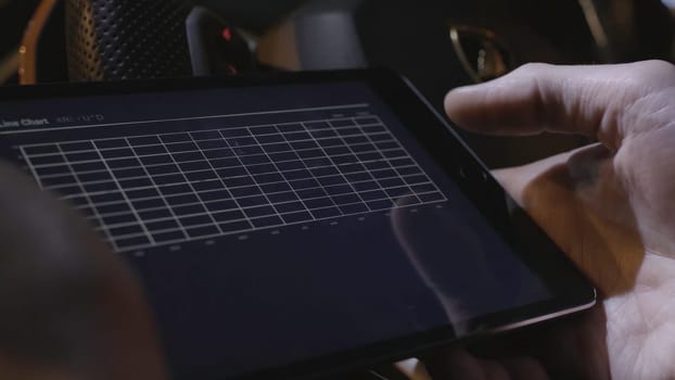 Business person analyzing financial statistics displayed on the tablet screen. Stock. Close-up of a tablet computer with graphs, diagrams and charts on screen in hands. Report, marketing, business.