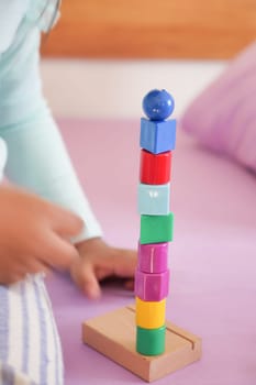 Baby toys on bed. Child development concept