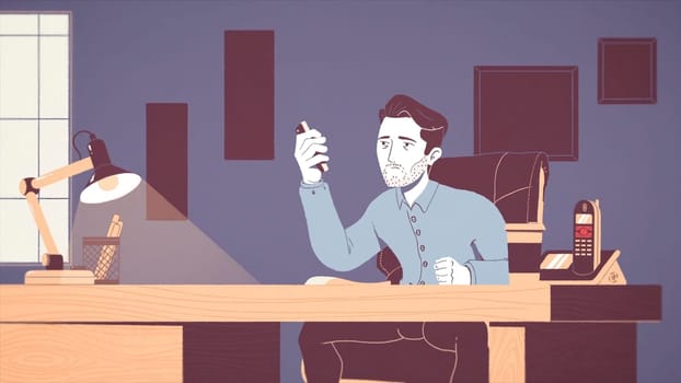 Animation of a tired and stressed businessman working at a workplace in office. Animated cartoon of a young exhausted worker under pressure with ringing phones and a secretary nearby