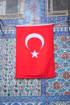 turkey istanbul 22 may 2023. Turkish flag on the wall of a Eyup Sultan mosque .