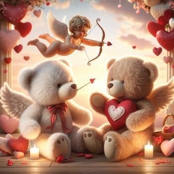 Teddy bear with rose and cupid,Valentine and birthday party Generative AI.