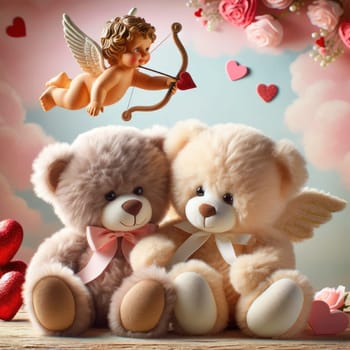 Teddy bear with rose and cupid,Valentine and birthday party Generative AI.