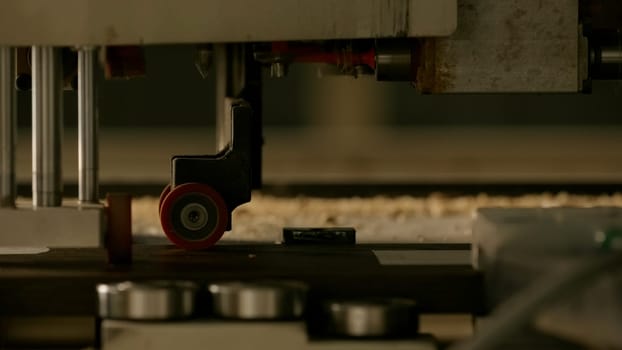 Working new technologies. Creative. Sawing and inserting nails into wood machine that works quickly. High quality 4k footage