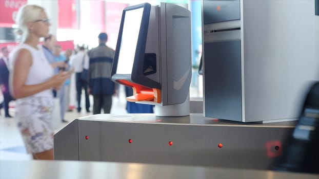 Entrance with e-pass. Media. Automatic checkpoint with contactless access. Turnstile with card reader. Electronic checkpoint. Access control system.