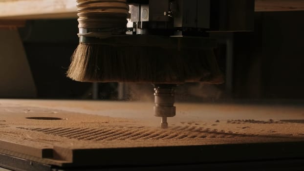 Wood Cutting Machine with needle. Creative. Machine with needle for wood carving. Factory machine with automation of fine wood carving.
