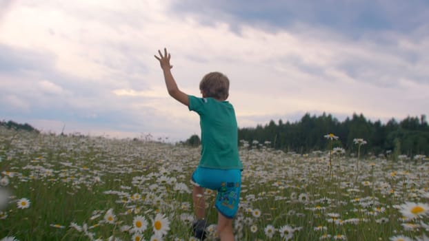 Rear view of happy kid running in green field. Creative. Kid running carefree with his arms and hands touching grass and flowers