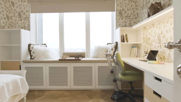 Beautiful room interior. Creative. Stylish modern interior of room for teenager. Interior of room with furniture for nursery.