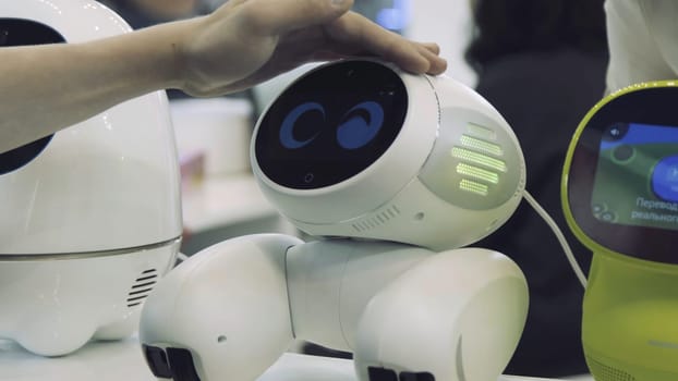 Hand of man touches the robot. Robot is happy with the touch of a human. Technology concept.