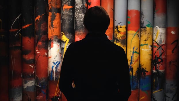 View from the back of man looking at the colorful paintings rotating on the rolls in the museum of Modern Art. Gallery in Saint Petersburg