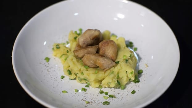 Restaurant dish. Art. Neatly put mashed potatoes with meat and herbs in a white plate. High quality 4k footage