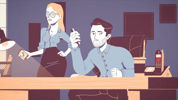 Animation of a tired and stressed businessman working at a workplace in office. Animated cartoon of a young exhausted worker under pressure with ringing phones and a secretary nearby