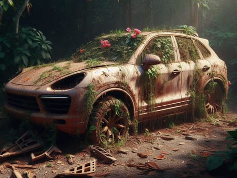 Abandoned rusty expensive atmospheric 4x4 suvas circulation banned for co2 emission 2030 agenda , severe damage, broken parts, plants overgrowth bloom flowers. ai generated
