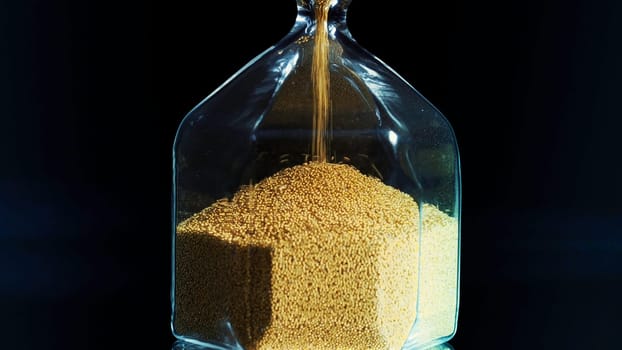 Golden sand inside transparent hourglass isolated on black background. Small metal particles running through an hourglass measuring passing time.