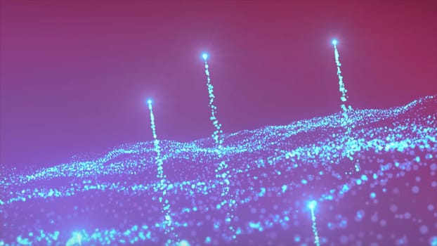 Glowing particles in wavy stream. Motion. Beautiful glowing particles in magical stream. Magical stream of glowing particles and stars.