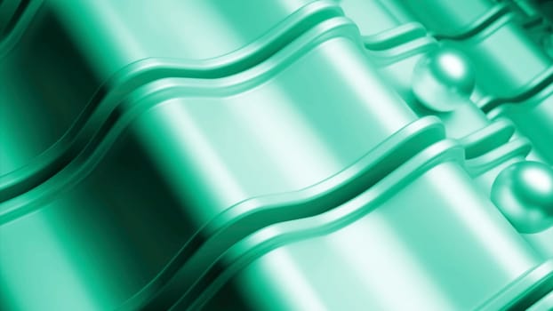Abstract waving plastic green paths with jumping moving spheres. Design. Surreal background with rolling balls