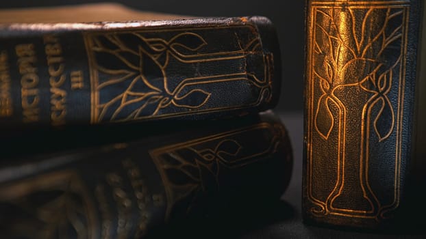 Vintage Russian books, close-up. Two volumes of Art History lying on the table in the dark room.