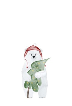 Watercolor postcard template of a white polar bear baby with a green Christmas tree. Cute animal northern cub in a red cap isolate on a white background. For printing on T-shirts and pillows. High quality photo