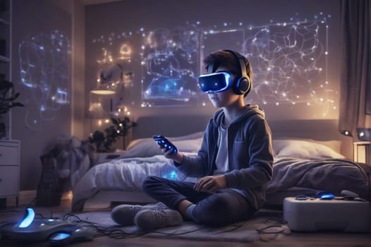 teenager at home play virtual online game in metaverse wear googles use joystick remote control ai generated