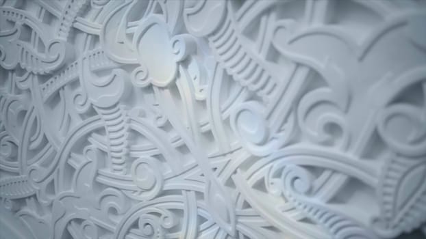 Close up of decorative walls details. Scene. Beautiful ornament on carved white walls, concept of architecture