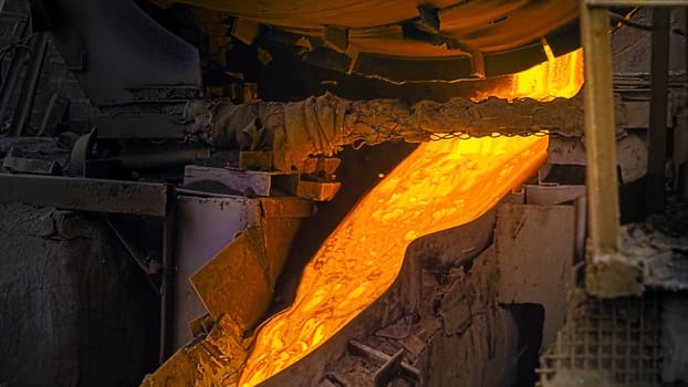 Close-up of molten metal flowing in factory. Stock footage. Beautiful molten substance flows down drain at steel plant. Melting operations and bright alloy flows.