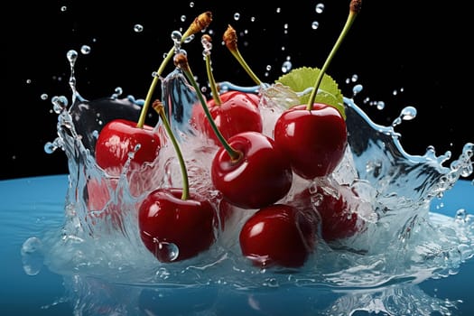Ripe juicy cherries in blue water with a splash on a black background.