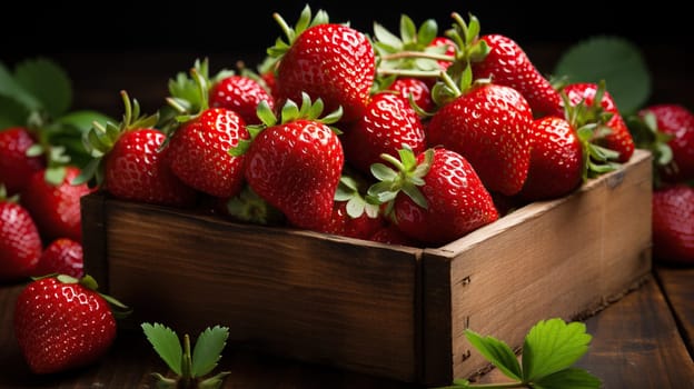 Harvest of ripe strawberries in a wooden box on a dark background.