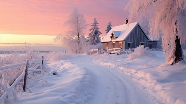 A small cozy, homely house in a village in the distance surrounded by a snow-covered landscape of beautiful nature in the middle of winter in pink sunshine. Concept of traveling around the world, recreation, vacations, tourism in the unusual places.