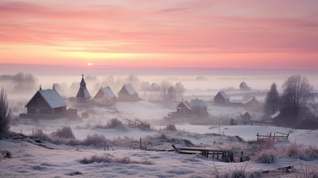 A small cozy, homely house in a village in the distance surrounded by a snow-covered landscape of beautiful nature in the middle of winter in pink sunshine. Concept of traveling around the world, recreation, vacations, tourism in the unusual places.