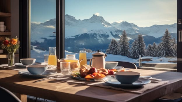 Breakfast in a chic bedroom in an ecological chalet hotel in an alpine ski resort overlooking the snowy landscape and mountains. Concept of traveling around the world, recreation, winter sports, vacations, tourism in the mountains and unusual places.