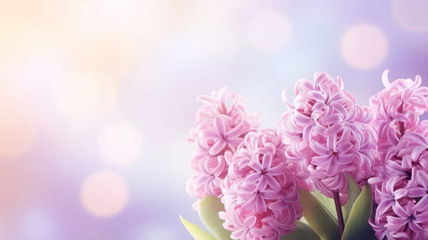 Blooming tender hyacinths in early spring in afternoon sunlight, AI generated.
