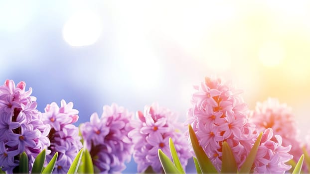 Blooming tender hyacinths in early spring in afternoon sunlight, AI generated.