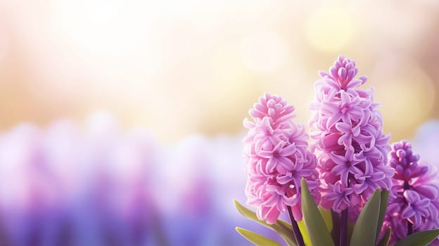 Blooming tender hyacinths in early spring in afternoon sunlight, AI generated.
